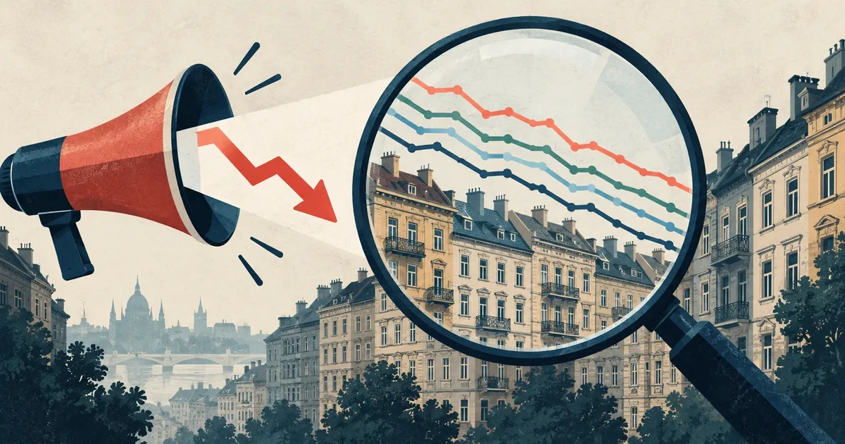 Tényellenőrző illusztráció: egy megafon egyetlen lefelé mutató nyilat hirdet, miközben a nagyító alatt több budapesti lakáspiaci trend együtt mozog